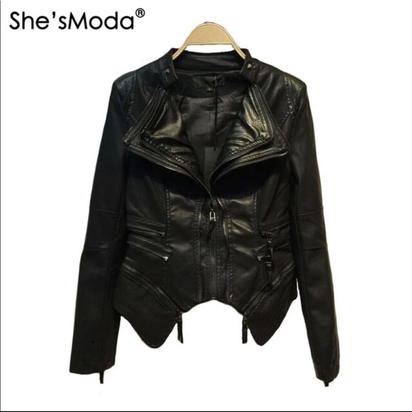 Studded Shoulder Pads Spliced Snake Double Lapels Zipper Dovetail Faux Leather - Picture 5 of 6